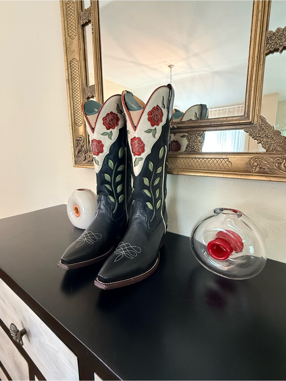 Tecovas Black Leather Women's Cowboy Boots with Red Rose Embroidery scarf. - Picture 6 of 16